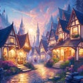The fantasy houses in the fairies village with magical and mysthical, beautiful scene, wallpaper, printable