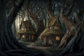 Fantasy houses in forest, fairytale overgrown huts at night, illustration, generative AI Royalty Free Stock Photo