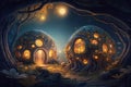 Fantasy houses in forest, fairytale overgrown huts at night, illustration, generative AI Royalty Free Stock Photo