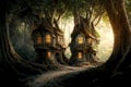 Fantasy houses in forest, fairytale surreal village in trunks of trees, generative AI Royalty Free Stock Photo