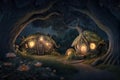 Fantasy houses in forest, fairytale village and fireflies at night, illustration, generative AI Royalty Free Stock Photo
