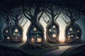 Fantasy houses in forest at night, fairytale surreal village in trunks of trees, generative AI Royalty Free Stock Photo