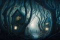 Fantasy houses in magic forest at night, fairy tale habitation in strange trees, generative AI Royalty Free Stock Photo