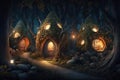 Fantasy houses in magic forest at night, fairy tale habitation in trees, generative AI Royalty Free Stock Photo