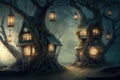 Fantasy houses in magic forest at night, fairy tale habitation in trees trunks, generative AI Royalty Free Stock Photo