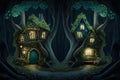 Fantasy houses in magic forest at night, Whimsical Tree Houses in Enchanted Forest at Night