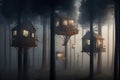 Fantasy houses in misty forest, fairy tale huts on trees, illustration, generative AI Royalty Free Stock Photo