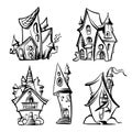 fantasy houses.mysterious, mystical, fairy-tale houses, hut, shack, entrances to the fortress. flat black and white doodle sketch