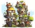 Fantasy Houses Set Unrealistic Cartoon Drawings are not realistic.