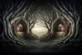 Fantasy houses in surreal forest, fairy tale huts in trees, illustration, generative AI