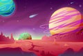 Fantasy huge planet futuristic 3d landscape vector illustration. Space surface desert terrain