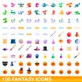100 fantasy icons set, cartoon style Royalty Free Stock Photo