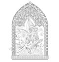 Fantasy illustration of beautiful medieval princess sitting near Gothic window and playing music on mandolin. Black and white page