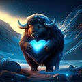 Muskox hugging heart Fantasy illustration of a bull with a heart-shaped blue heart Generative AI animal ai