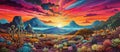 fantasy illustration of a cacti desert landscape in sunset