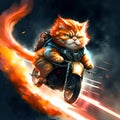 Fantasy illustration of a cat riding a motorcycle on fire background. generative AI Royalty Free Stock Photo