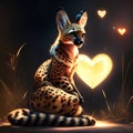 Serval hugging heart Fantasy illustration of a cheetah sitting on a dark background AI Generated animal ai Royalty Free Stock Photo