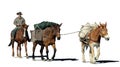 Fantasy illustration of a cowboy and his pack mules on a white background