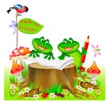 Fantasy illustration of cute little frogs learning to read and to write. Back to school. Cover for children school textbook.