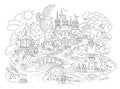 Fantasy illustration of fairyland kingdom. Black and white page for kids coloring book. Worksheet for drawing and meditation for Royalty Free Stock Photo