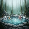 A fantasy illustration featuring three figures in a circular stone hot spring in a misty Royalty Free Stock Photo