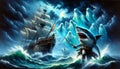 Fantasy Illustration of a Ghost Ship and Giant Shark