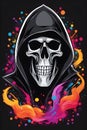Fantasy illustration of grim reaper, graphic design, t-shirt, hoodie, colorful tones, dark smoke explotion, black background Royalty Free Stock Photo