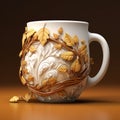 Fantasy Illustration Inspired 3d Printed Coffee Cup With Gold Leaves