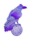 Fantasy illustration of magic blue crow. Celtic fairyland bird. Print for logo, label, icon, t-shirt. Abstract decoration. Vector