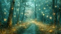 Fantasy illustration of magical fairy tale forest with fireflies Royalty Free Stock Photo