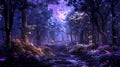 Fantasy illustration of magical fairy tale forest with fireflies Royalty Free Stock Photo