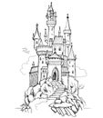 Fantasy illustration of medieval castle. Fairyland kingdom. Black and white page for coloring book. Worksheet for drawing and Royalty Free Stock Photo