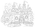 Fantasy illustration of medieval castle. Fairyland kingdom. Black and white page for kids coloring book. Worksheet for drawing and