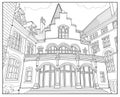 Fantasy illustration of medieval castle. Front entrance to rich Swiss house. Black and white page for coloring book. Worksheet for Royalty Free Stock Photo