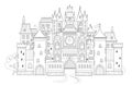 Fantasy illustration of medieval European castle. Fairyland kingdom. Black and white page for kids coloring book. Worksheet for Royalty Free Stock Photo