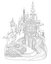 Fantasy illustration of medieval gothic castle. Fairyland Celtic kingdom. Black and white page for coloring book. Worksheet for Royalty Free Stock Photo