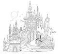 Fantasy illustration of medieval gothic cathedral. Fairyland kingdom. Black and white page for kids coloring book. Worksheet for