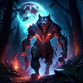 Fantasy illustration of a monster in the dark forest with full moon Generative AI Royalty Free Stock Photo