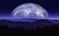 Fantasy illustration of moon or planet rising over mountain range at night. Science fiction scenery. Original artwork with mixed