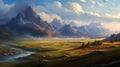 Fantasy Illustration: Mountains And River In Brushstroke Fields Style