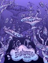 Fantasy illustration mushrooms land in Zen doodle style blue lilac night