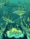 Fantasy illustration mushrooms land in Zen doodle style blue marine and green