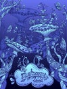 Fantasy illustration mushrooms land in Zen doodle style blue night