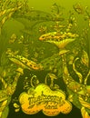 Fantasy illustration mushrooms land in Zen doodle style green orange yellow