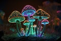 Fantasy illustration of neon color glowing magic mushrooms. Psychedelic background. Generative AI