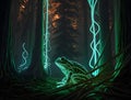 fantasy illustration of nighttime forest and cute illuminated with neon lights bioluminescence power of earth