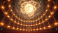 Fantasy illustration of ornate opera house interior under celestial dome with large moon in clouds. Grand architecture features Royalty Free Stock Photo