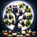 Fantasy Illustration of Owls Perched on Fruit Tree at Night Royalty Free Stock Photo