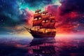 fantasy illustration of pirate ship in the ocean, in the background colorful galactic sky