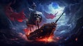 ai generative fantasy illustration of pirate ship in the ocean, in the background a dark cloudy sky